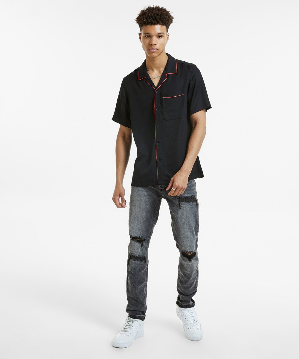Mens Downtown Ss Shirt Black Red Regular Shirts - Black