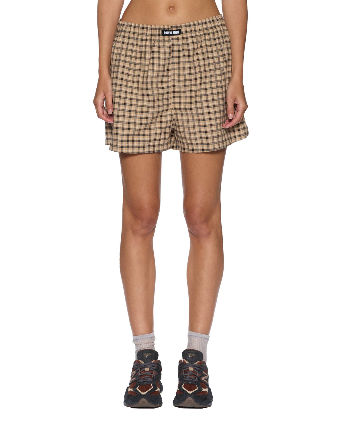 Womens Boxer Shorts Tan Plaid Regular Walkshorts - Multi Colour