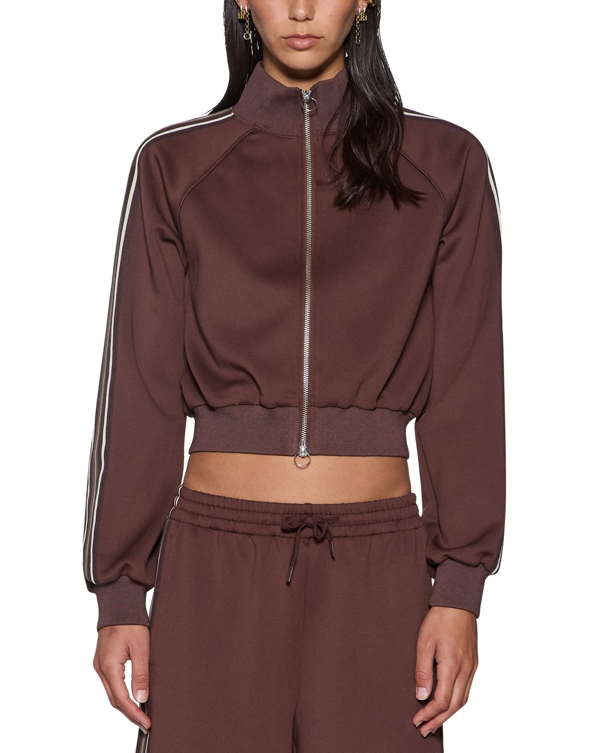 WOMENS CROPPED ZIP TRAK TOP MOCHA FASHION TOPS