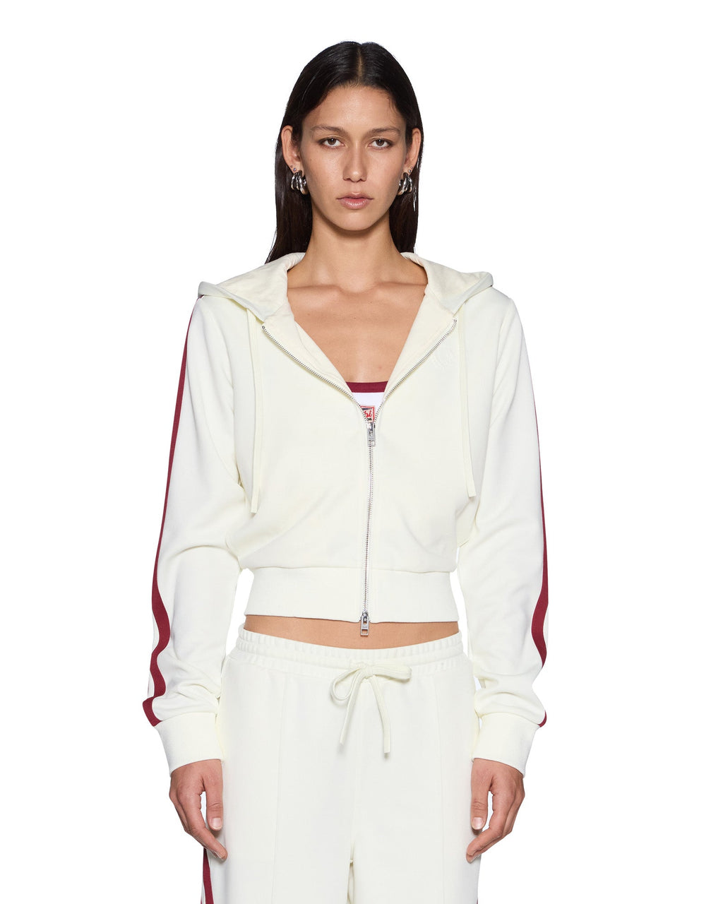 Womens Carter Slim Hoodie Off White Burgundy Relaxed Fleece - Beige