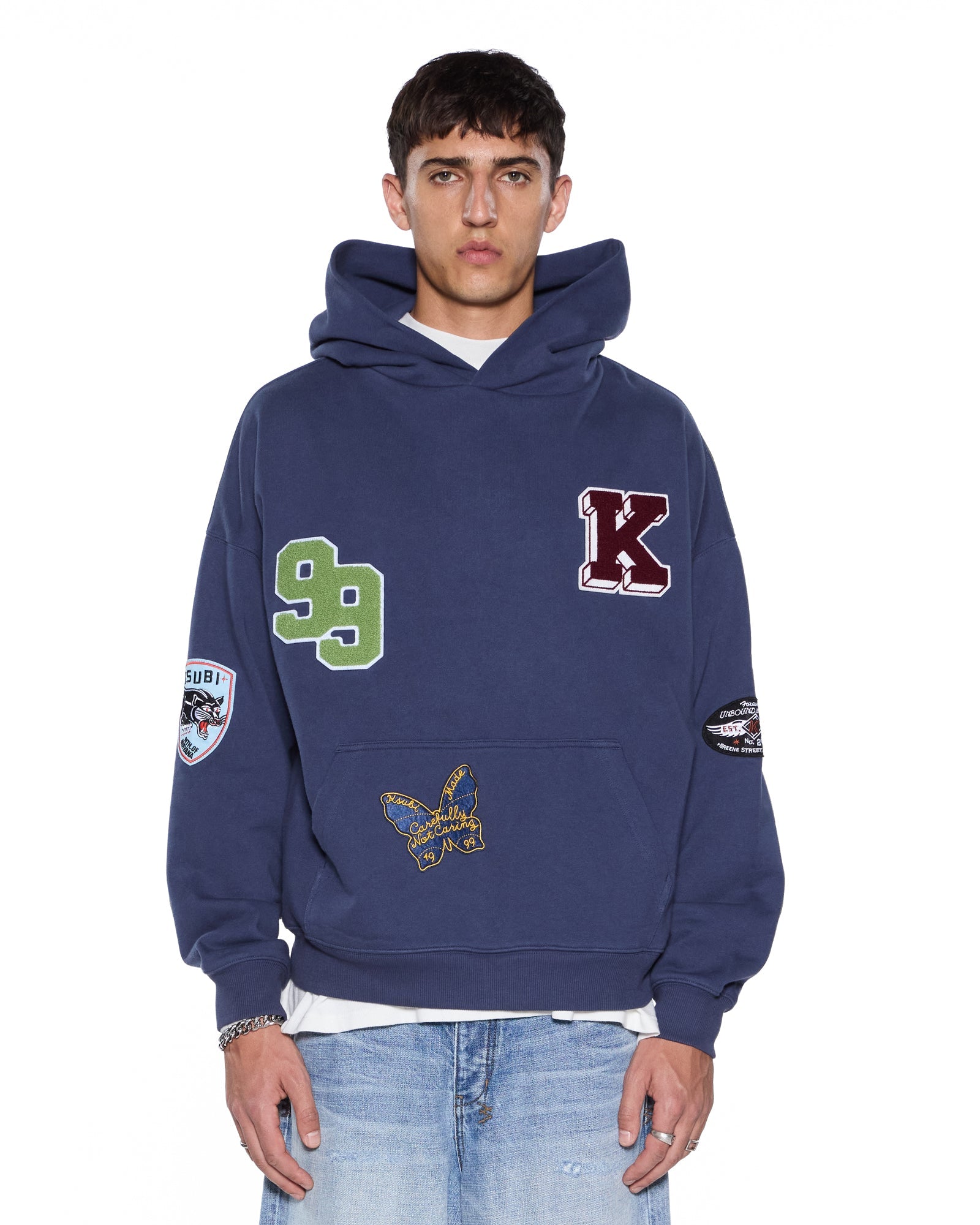 MENS  PATCHED EKCESS HOODIE NAVY OVERSIZED FLEECE