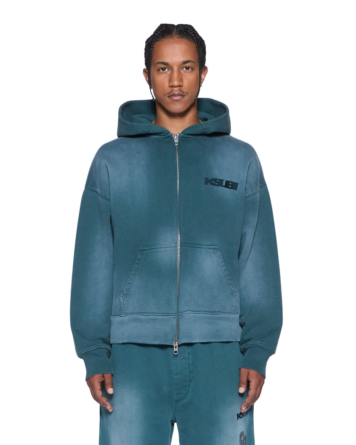 Mens Rugged Zip Hoodie Opal Green Oversized Fleece - Green