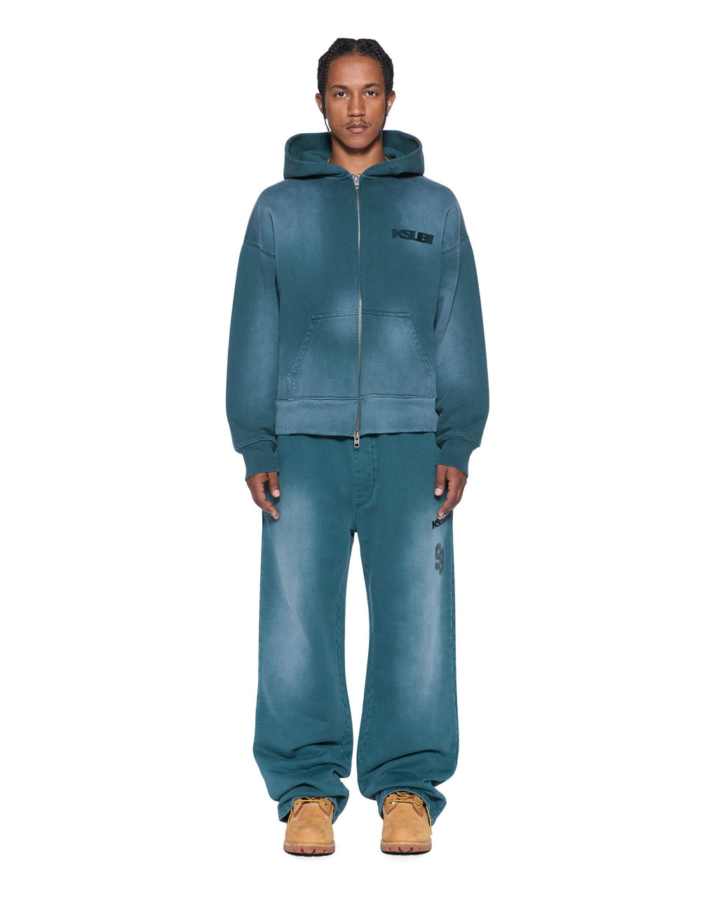 Mens Rugged Zip Hoodie Opal Green Oversized Fleece - Green