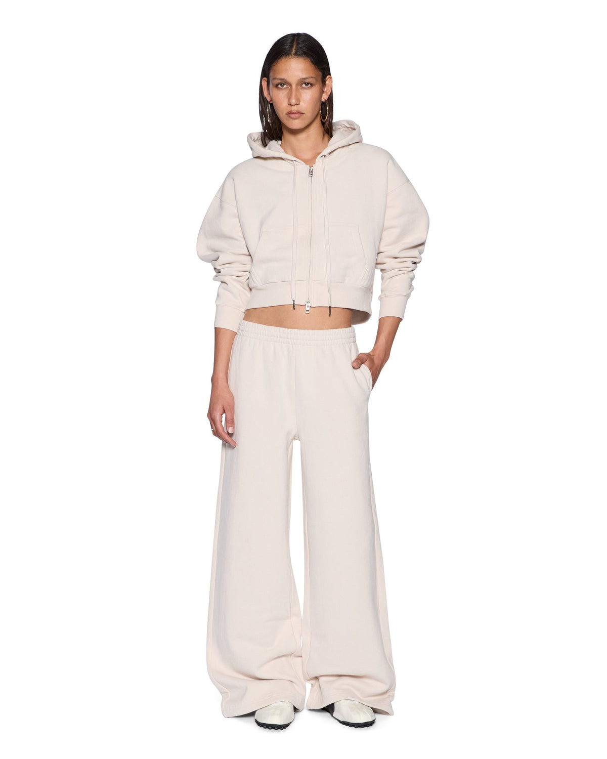 Womens Origin Cropped Hoodie Ecru Relaxed Fleece - Beige