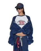WOMENS DISTRICT BOMBER MAYFAIR BLUE SPLICED JACKETS