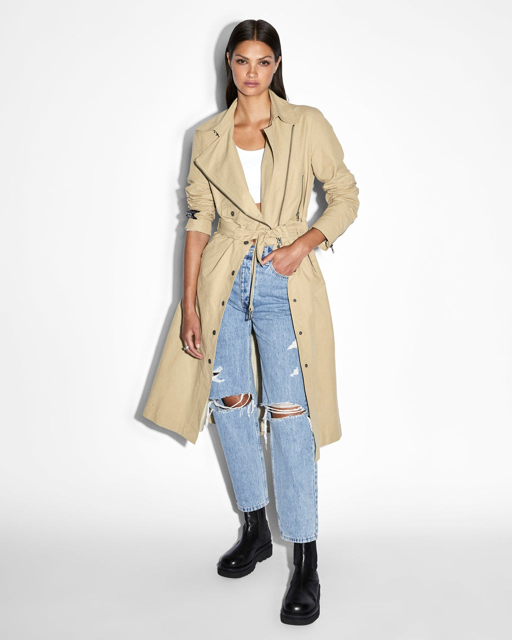 Womens Incognito Biker/trench Khaki Regular Jackets - Khaki