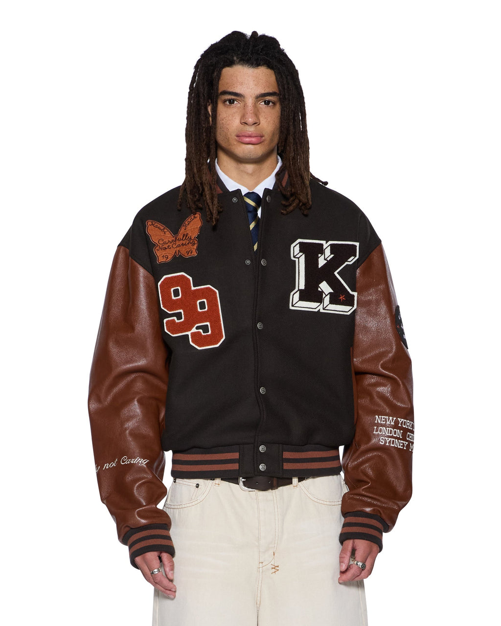 MENS PATCHED VARSITY JACKET CHOCOLATE JACKETS