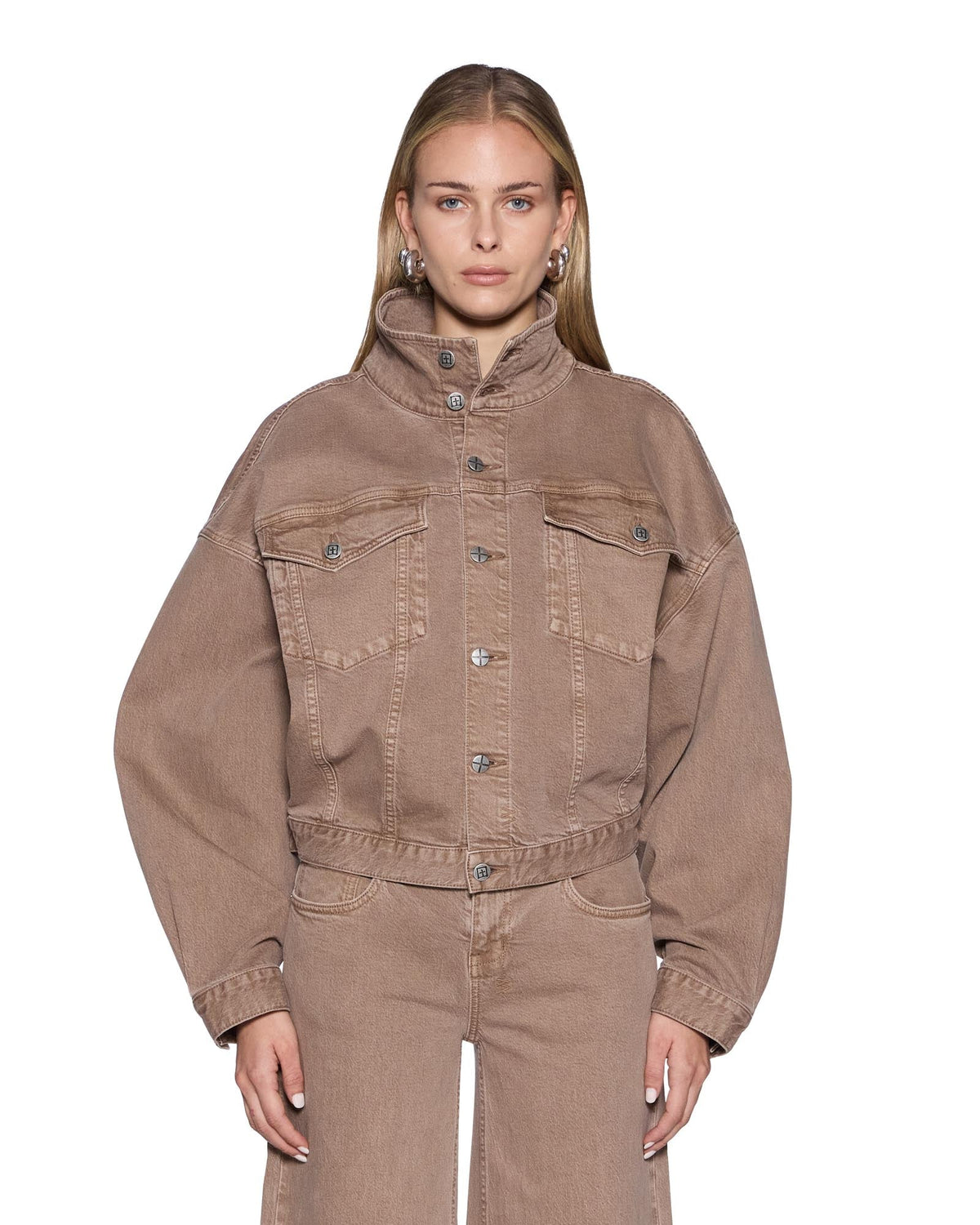 Womens Relax Funnel Neck Trucker Jacket Stone Tan Relaxed Jackets - Beige