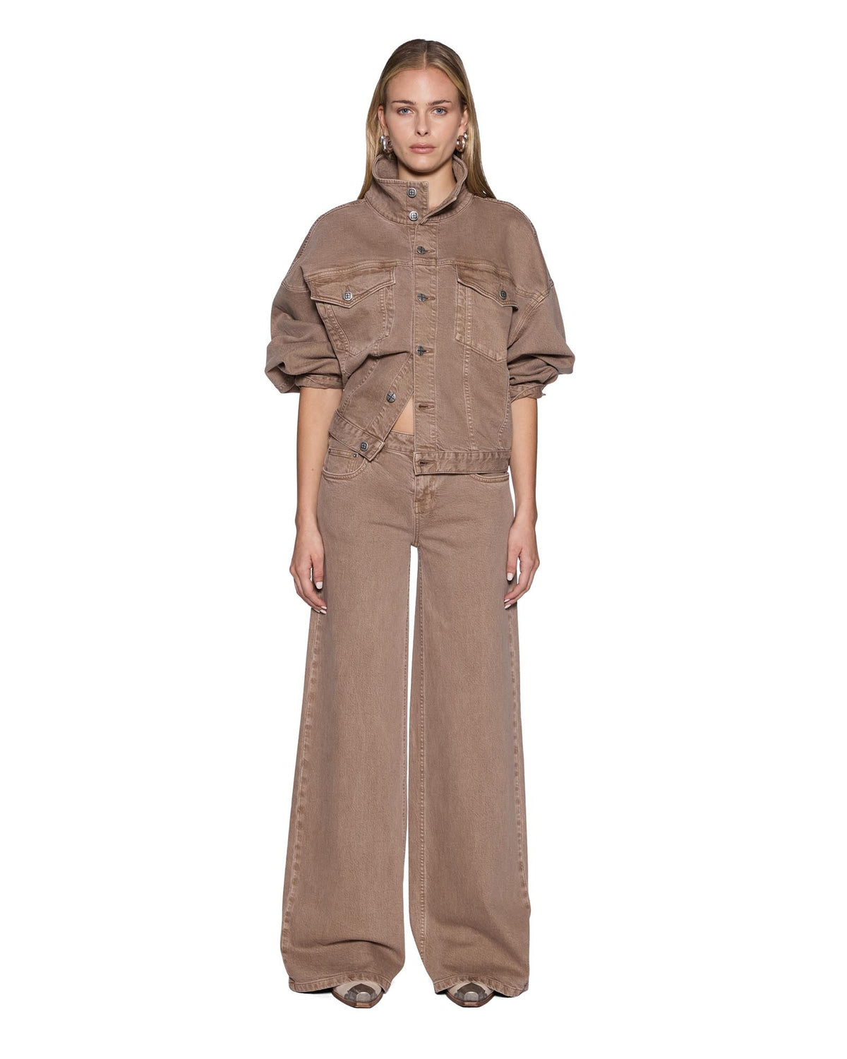 Womens Relax Funnel Neck Trucker Jacket Stone Tan Relaxed Jackets - Beige