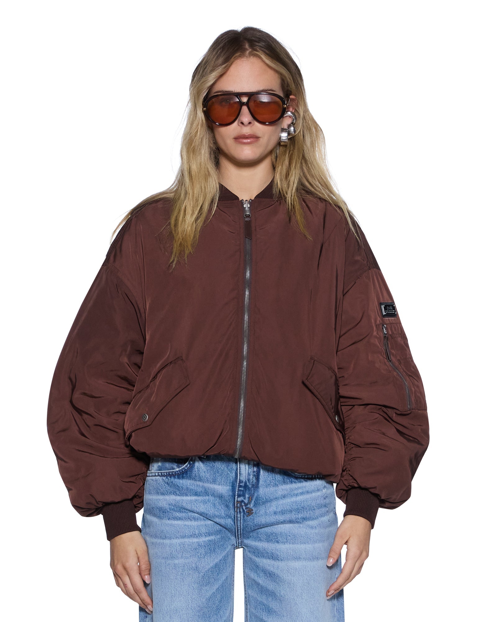 WOMENS  PILOT BOMBER CHOCOLATE OVERSIZED JACKETS