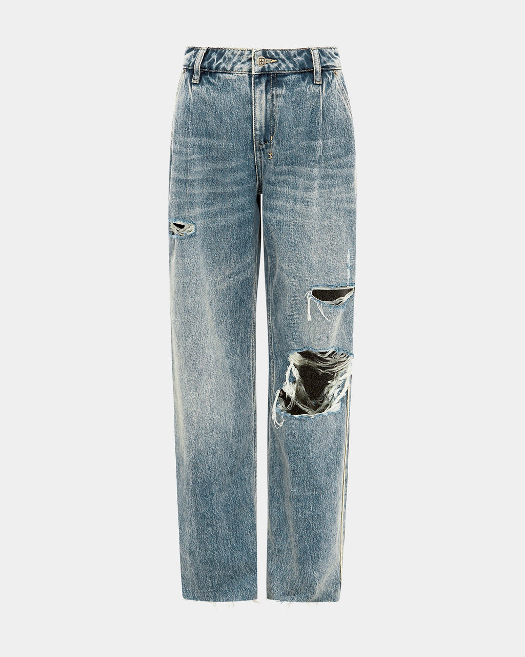 Womens Low Rider Tuck Frayed Baggy Denim Jeans - Denim