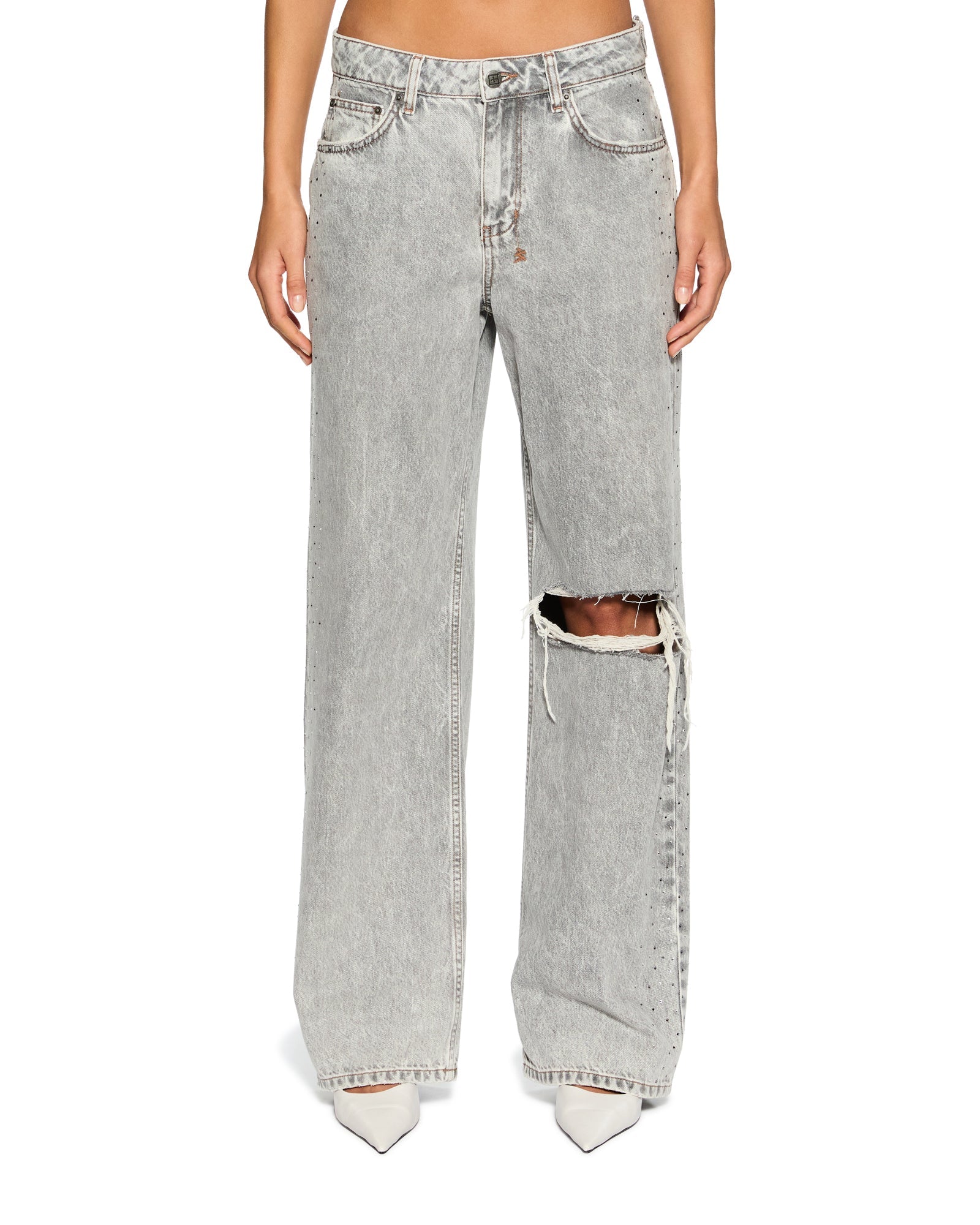 WOMENS LOW RIDER DIME KRYSTAL TRASHED BAGGY DENIM JEANS