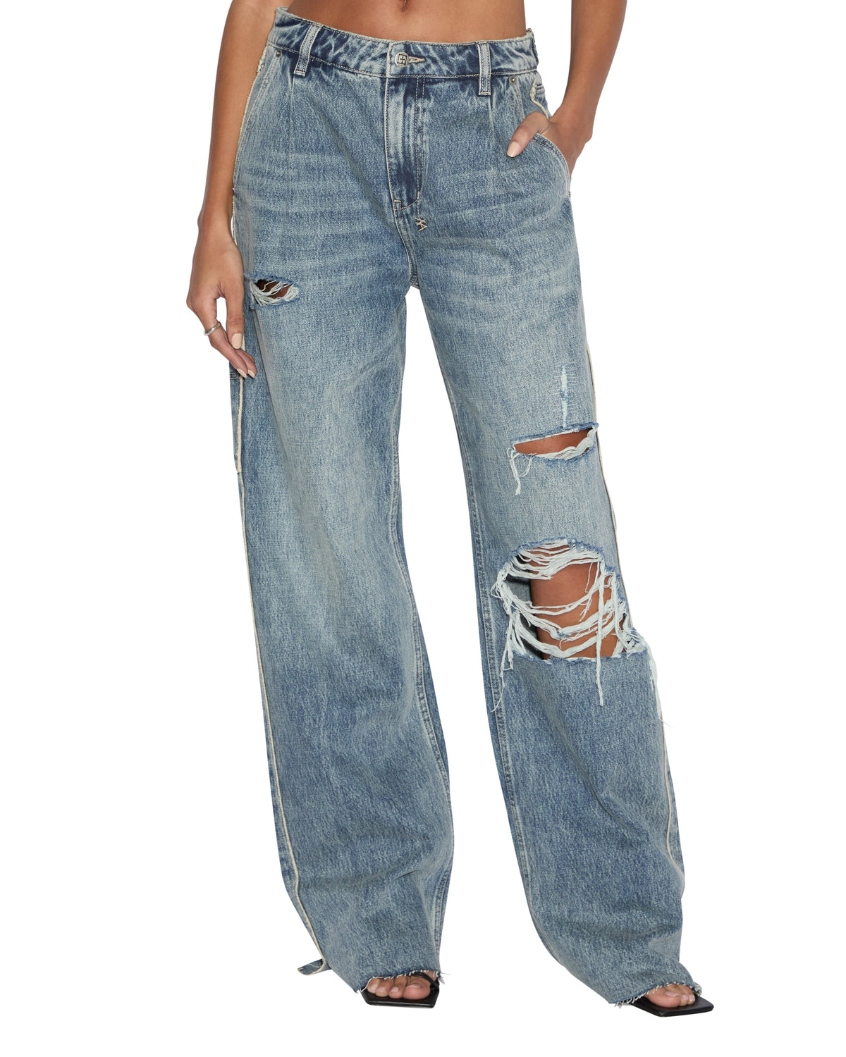 Womens Low Rider Tuck Frayed Baggy Denim Jeans - Denim