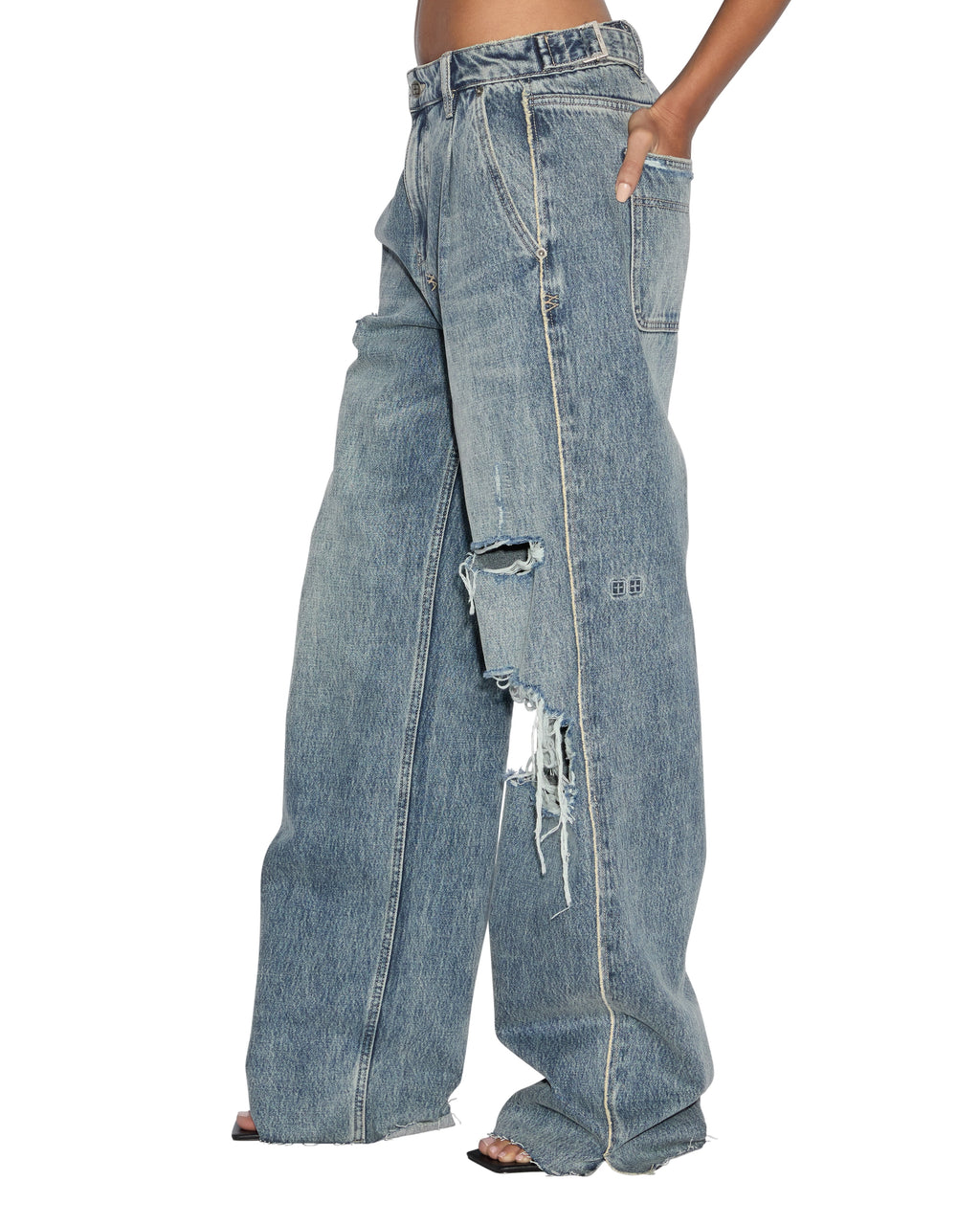 Womens Low Rider Tuck Frayed Baggy Denim Jeans - Denim