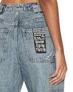 Womens Low Rider Tuck Frayed Baggy Denim Jeans - Denim