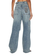Womens Low Rider Tuck Frayed Baggy Denim Jeans - Denim