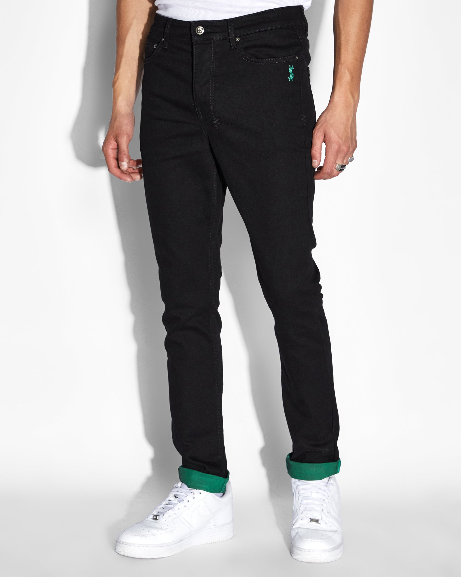 MENS  CHITCH ROLL UP GREEN SLIM DENIM JEANS