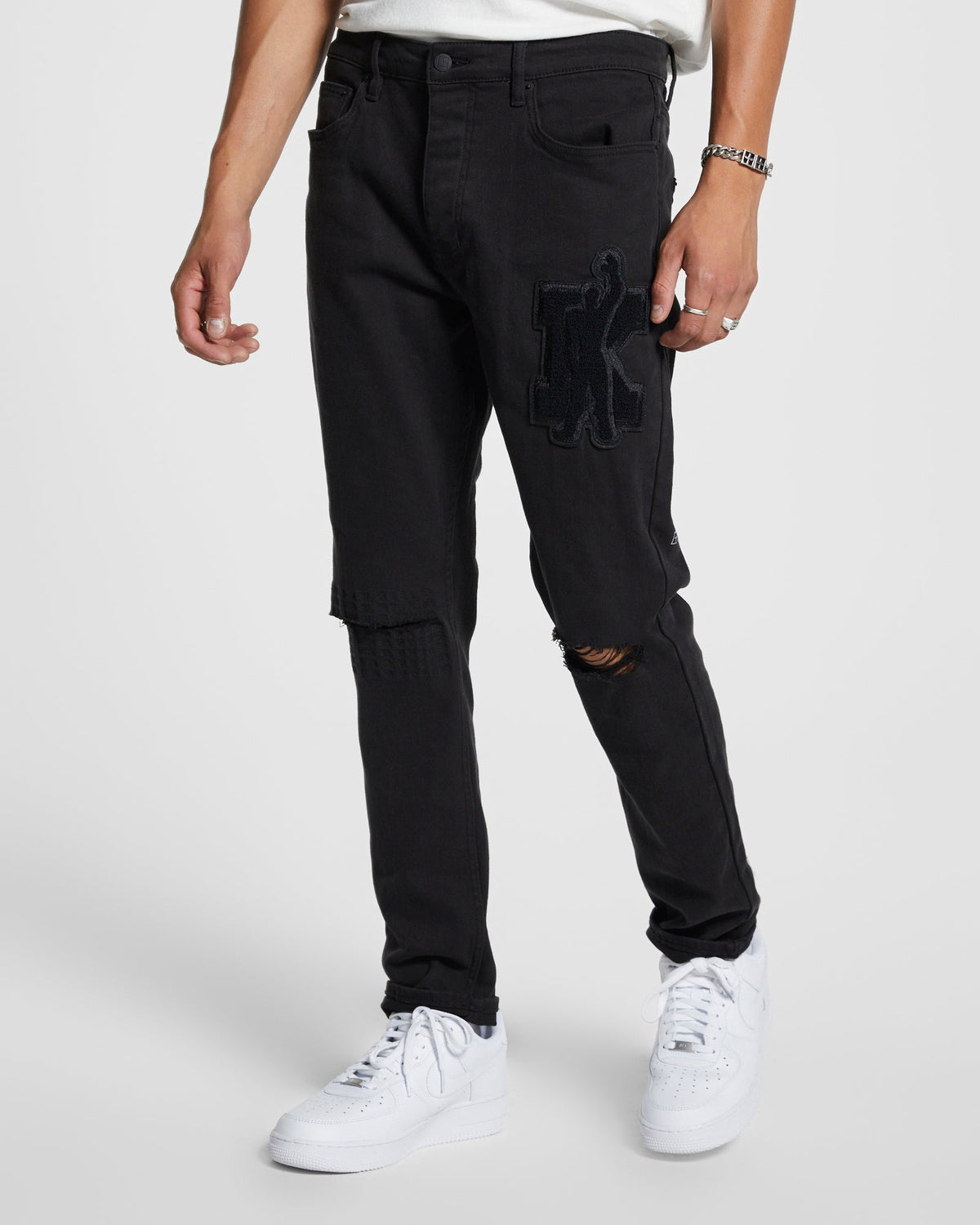 Mens Wolfgang K Patch Ace Black Tapered Denim Jeans - Black