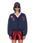 WOMENS DEAN CARDIGAN NAVY PINSTRIPE KNITWEAR