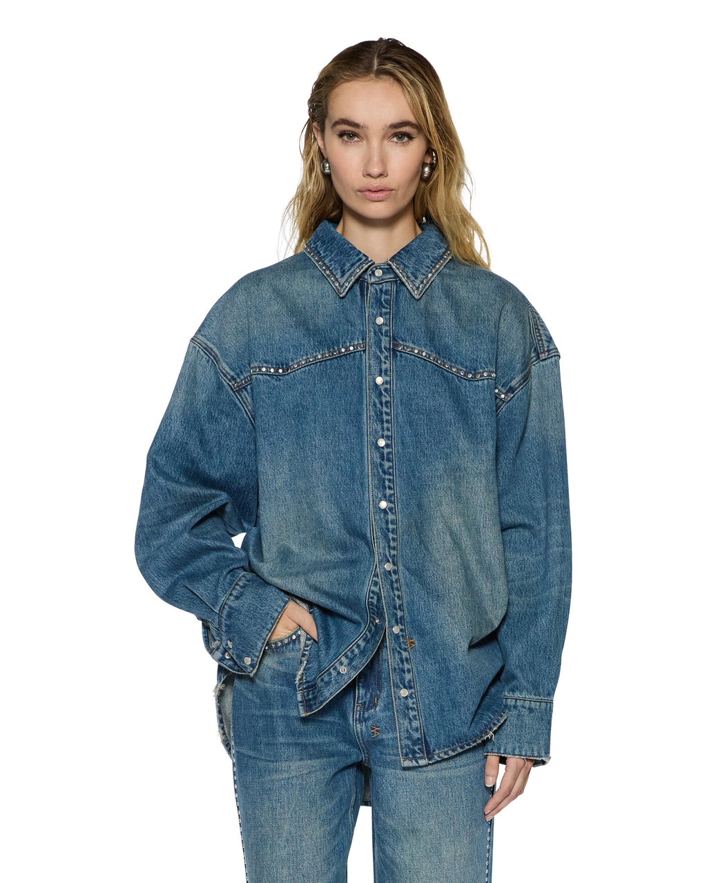 WOMENS OVERSIZED LS SHIRT TEXAS BLUE STUDDED SHIRTS