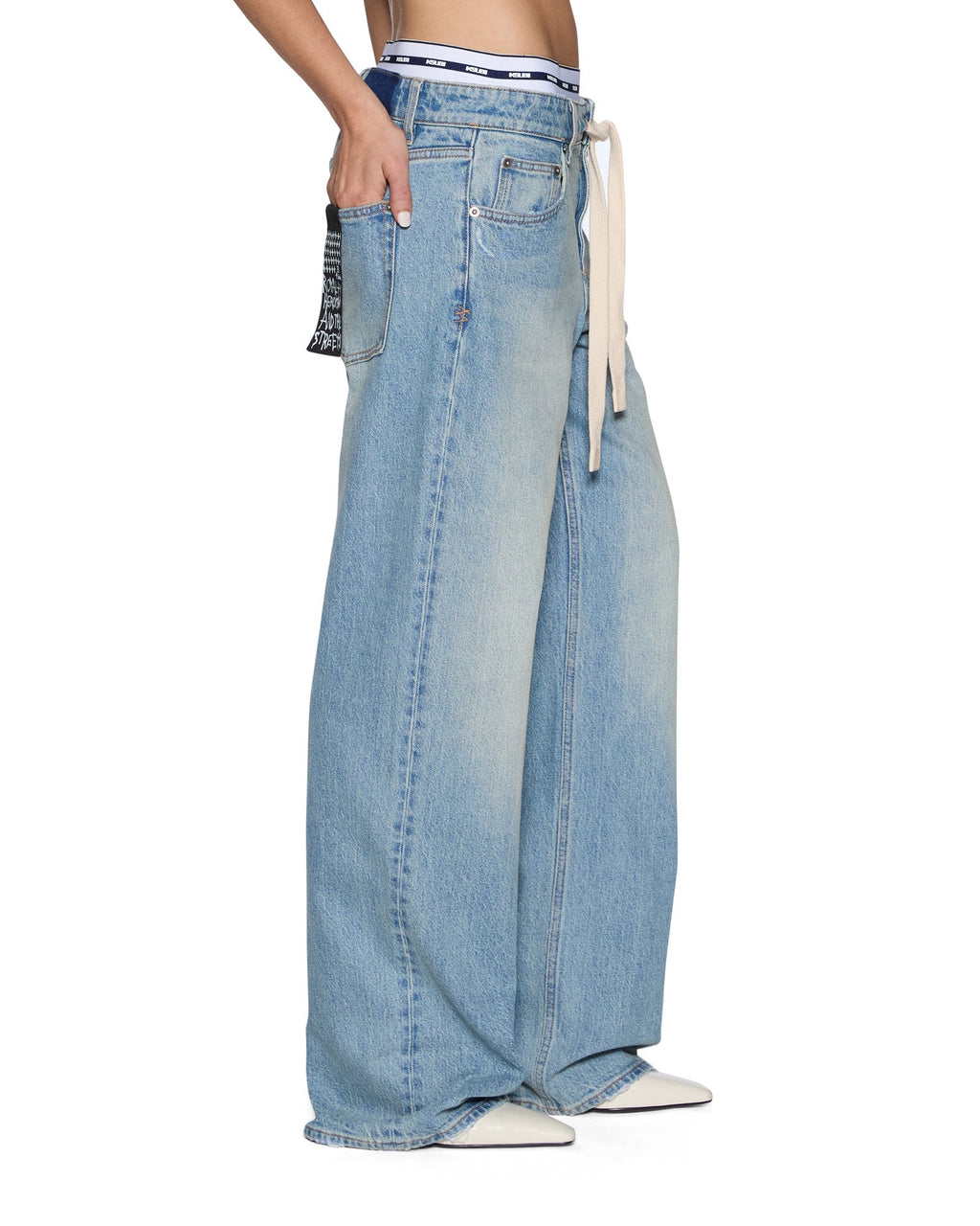 Womens Low Rider Boxer Traveller Blue Plaid Relaxed Denim Jeans - Denim