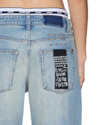 Womens Low Rider Boxer Traveller Blue Plaid Relaxed Denim Jeans - Denim