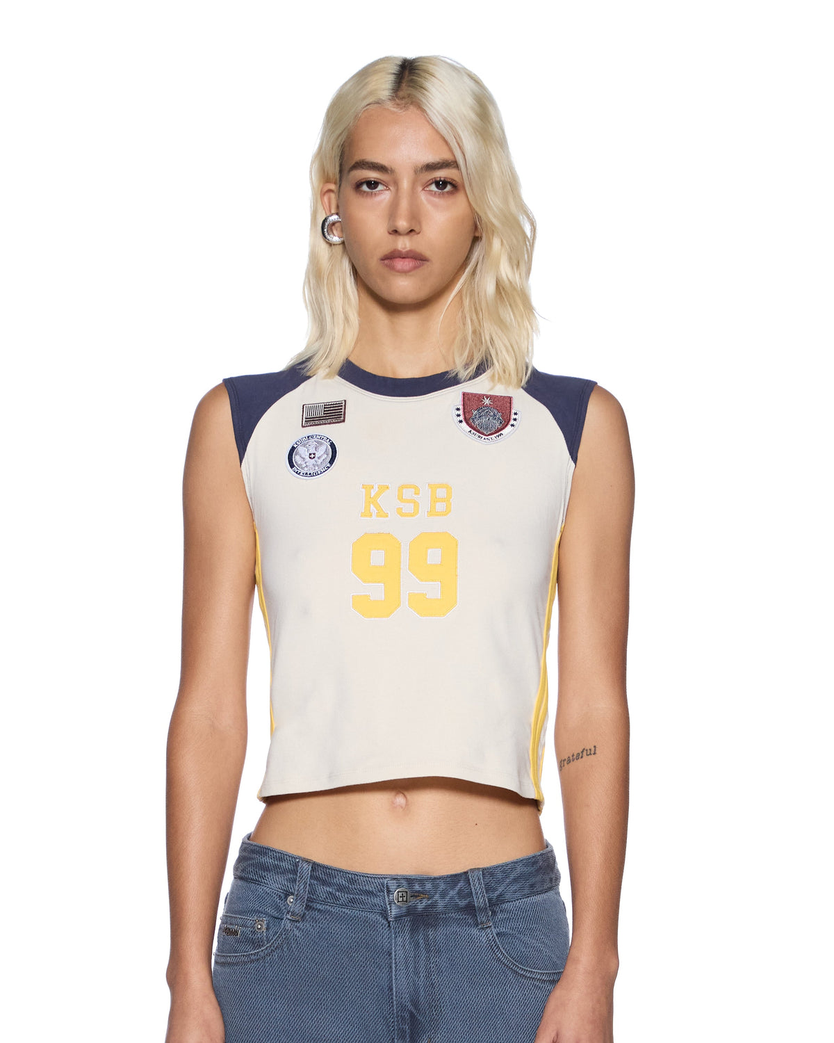 WOMENS KSB BABY TANK NAVY WHITE TEES