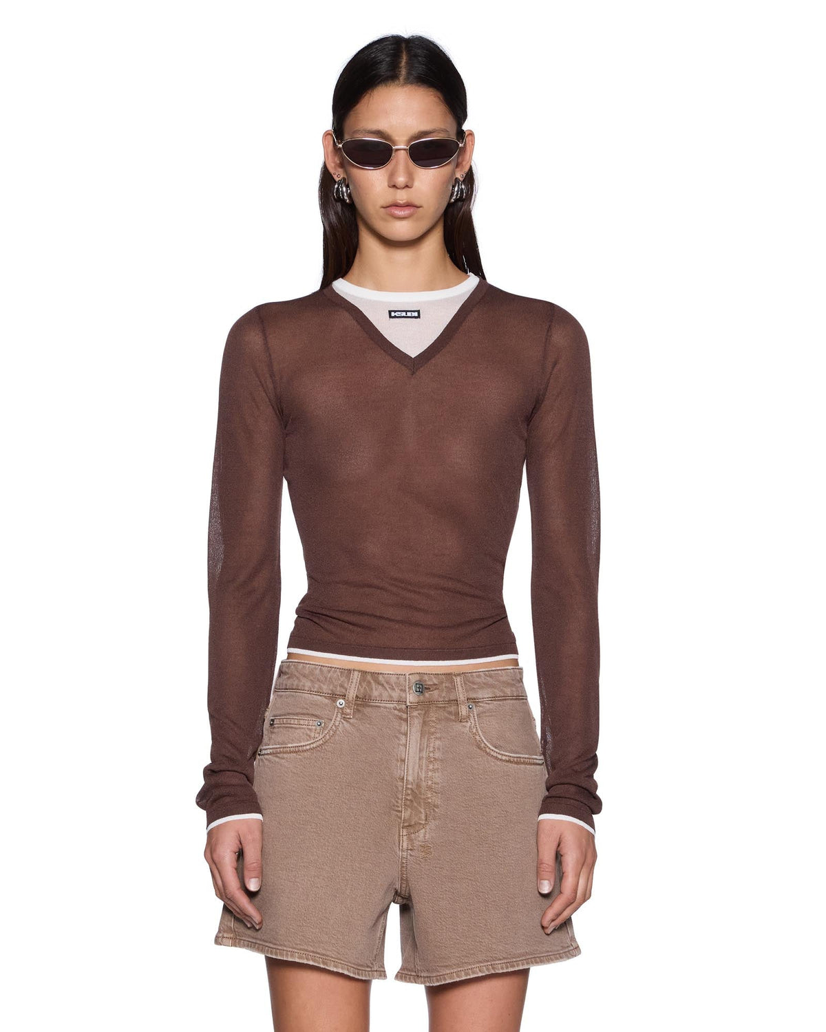 Womens Sott Layered Signature V Ls Tee Camel Brown Regular Tees - Brown