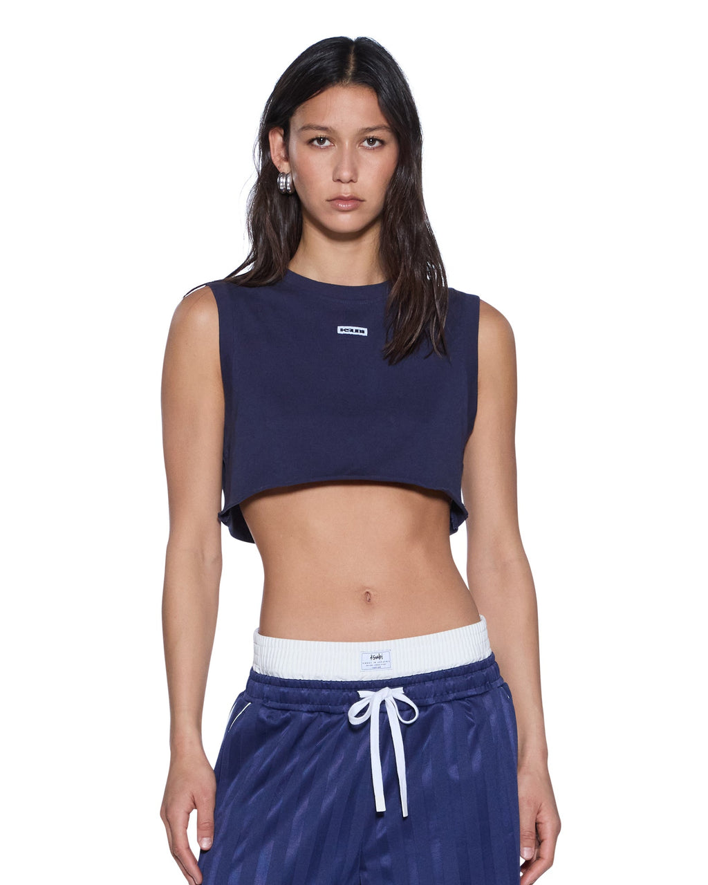 WOMENS LABELS CROP TANK NAVY TEES