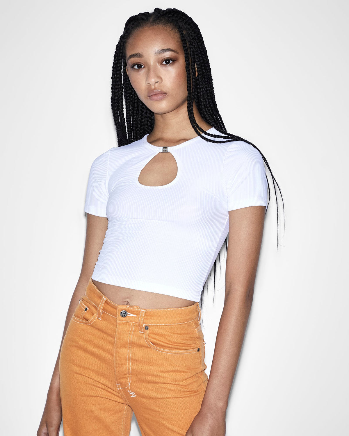 Womens Charmed Keyhole Tee White Fitted Fashion Tops - White