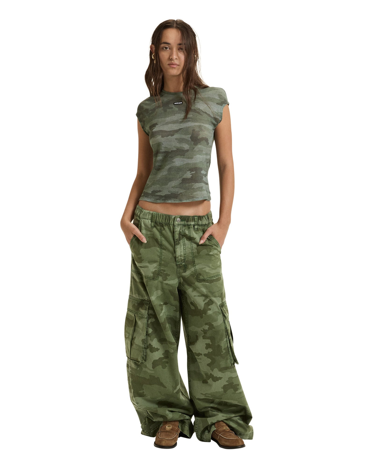 Womens Sheer Rib Camo Slim Tee Fitted Tees - Multi Colour