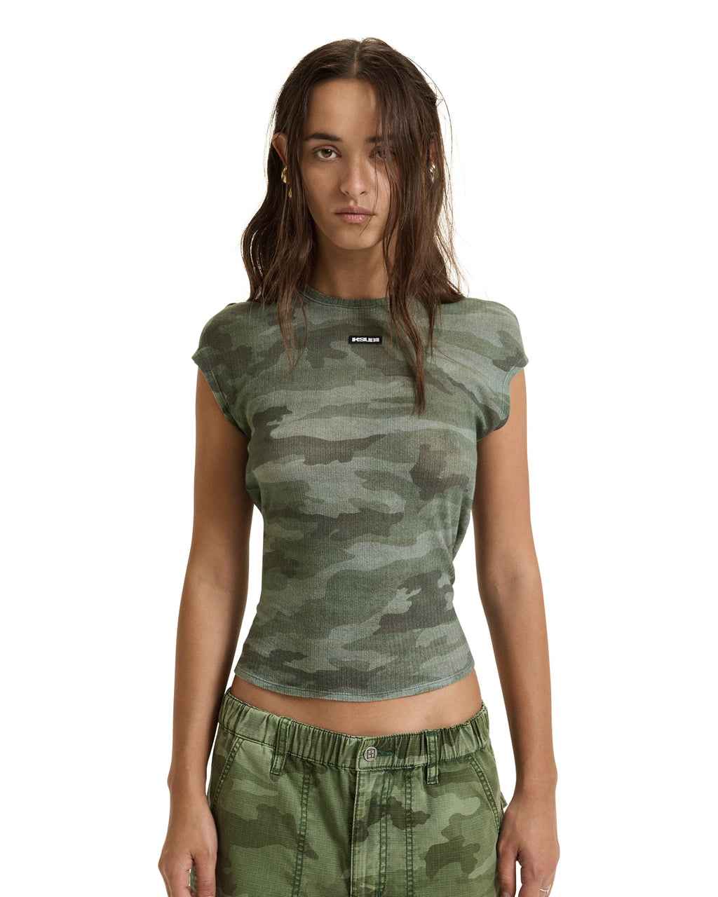 Womens Sheer Rib Camo Slim Tee Fitted Tees - Multi Colour