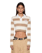 WOMENS ACADEMY LS POLO SHIRT TAN STRIPE FASHION TOPS