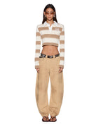 WOMENS ACADEMY LS POLO SHIRT TAN STRIPE FASHION TOPS