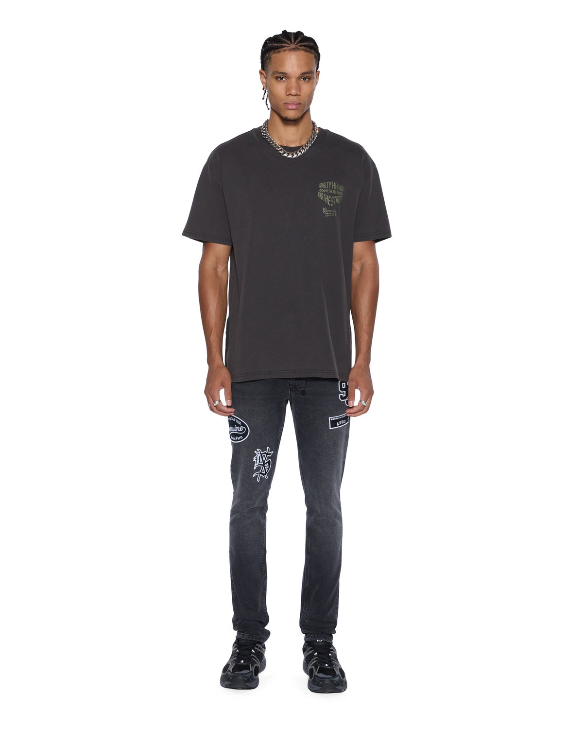 Mens Van Winkle Roadhouse Black Patched Skinny Denim Jeans - Black