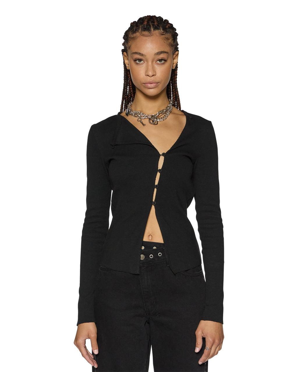WOMENS REWORK LS TOP BLACK FASHION TOPS