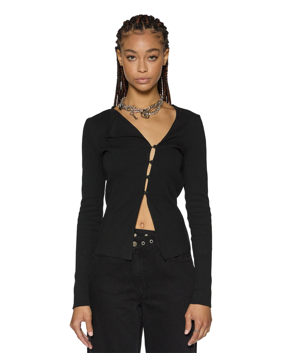 WOMENS REWORK LS TOP BLACK FASHION TOPS