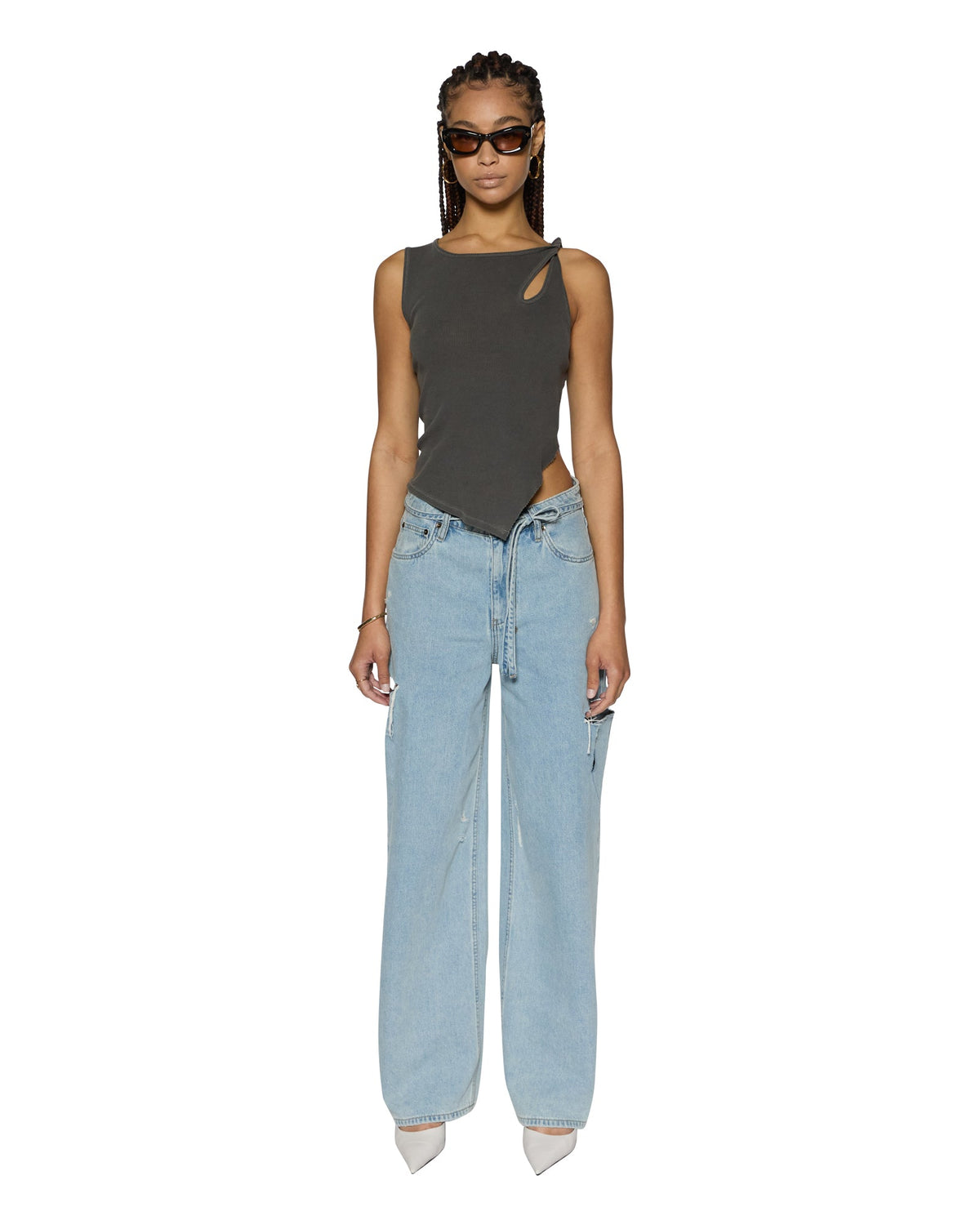 WOMENS BAGGY JEAN ROLLIN KUT OUT DENIM JEANS