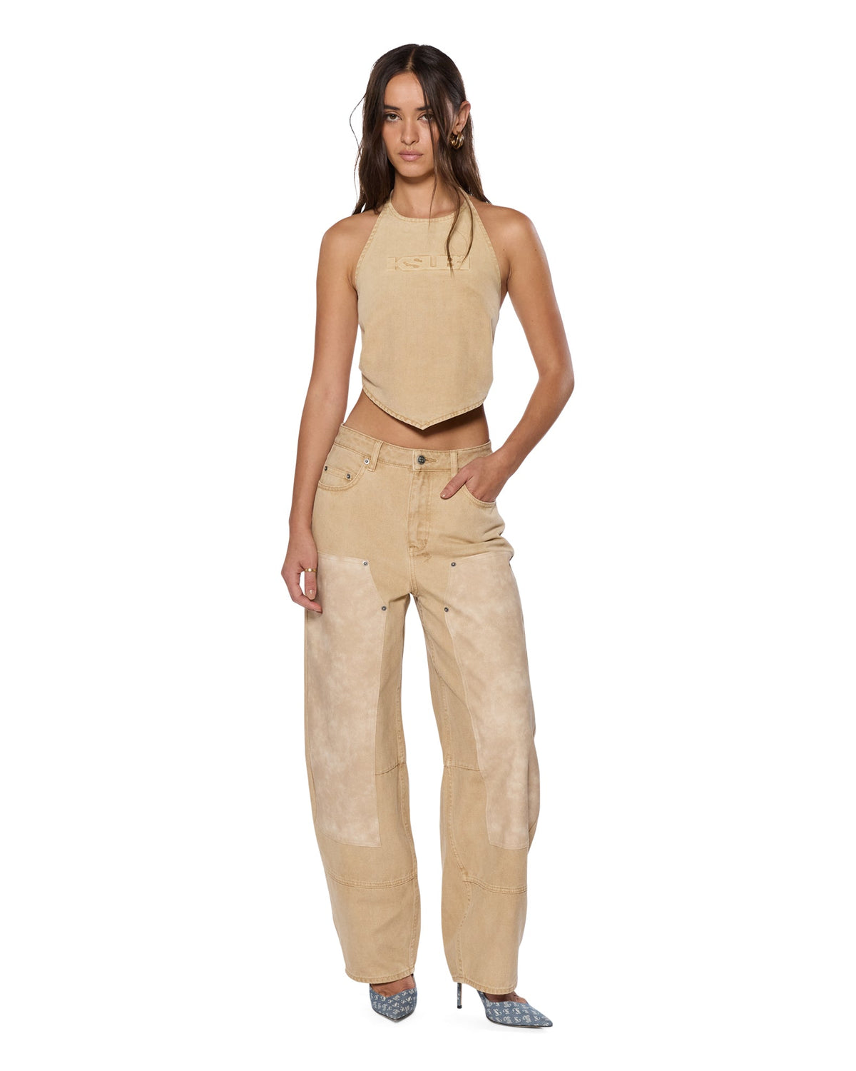 Womens Barrel Jean Carpenter Oat Barrel Leg Denim Jeans - Beige