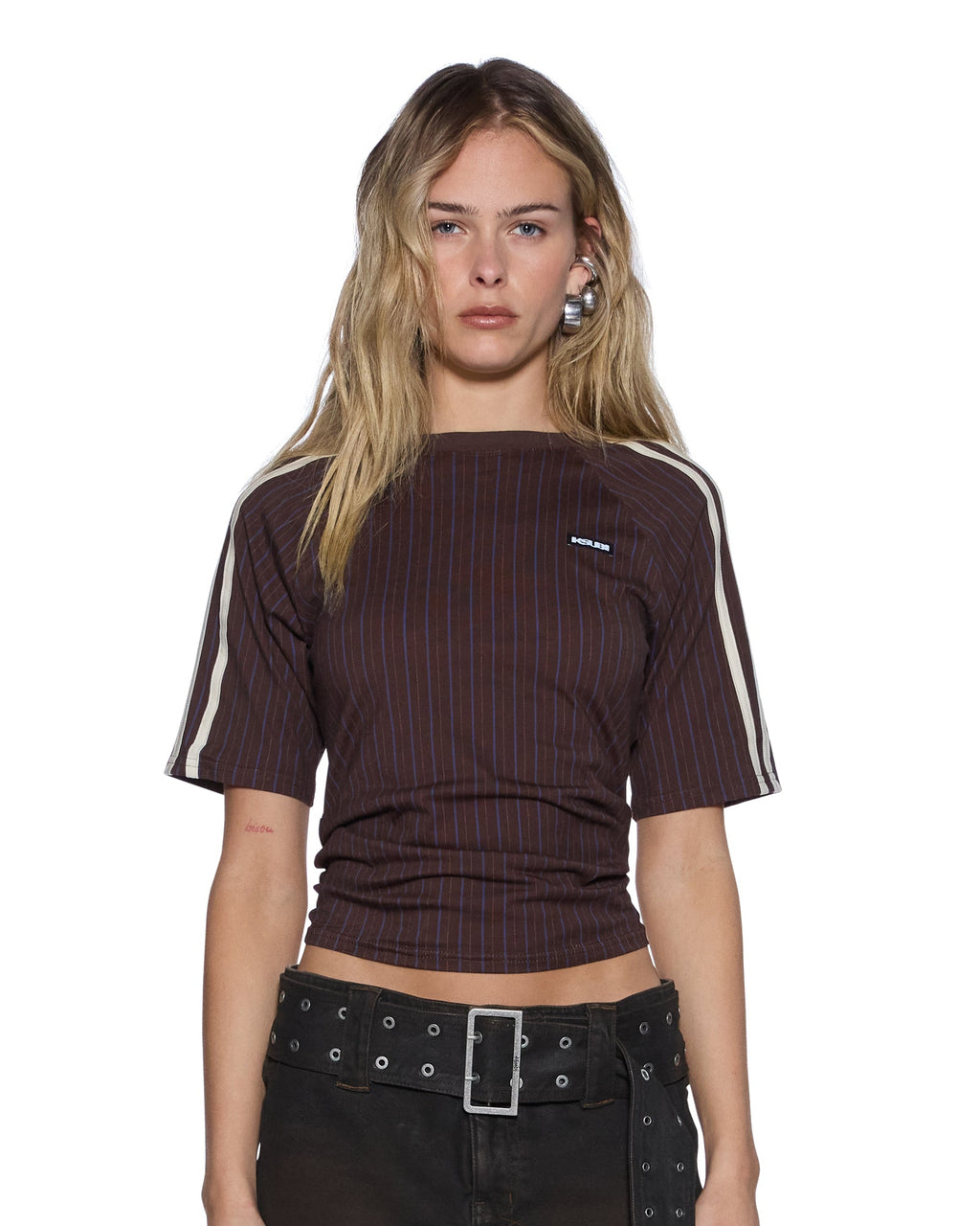 WOMENS PORTER SS TOP CHOCOLATE PINSTRIPE FASHION TOPS
