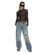 Womens Low Rider Tuck Frayed Baggy Denim Jeans - Denim