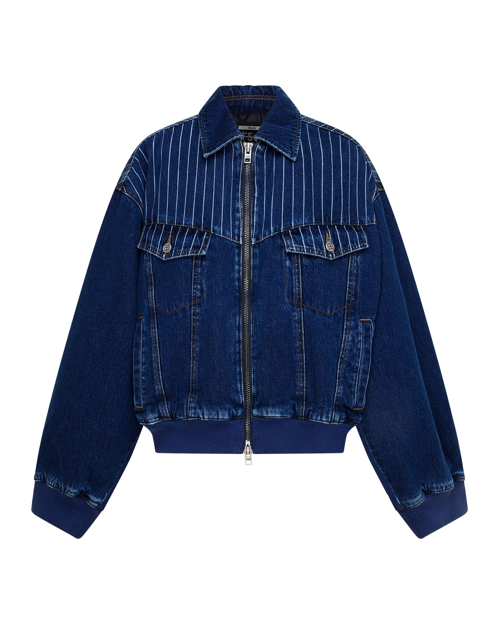 WOMENS  DISTRICT BOMBER MAYFAIR BLUE SPLICED OVERSIZED JACKETS
