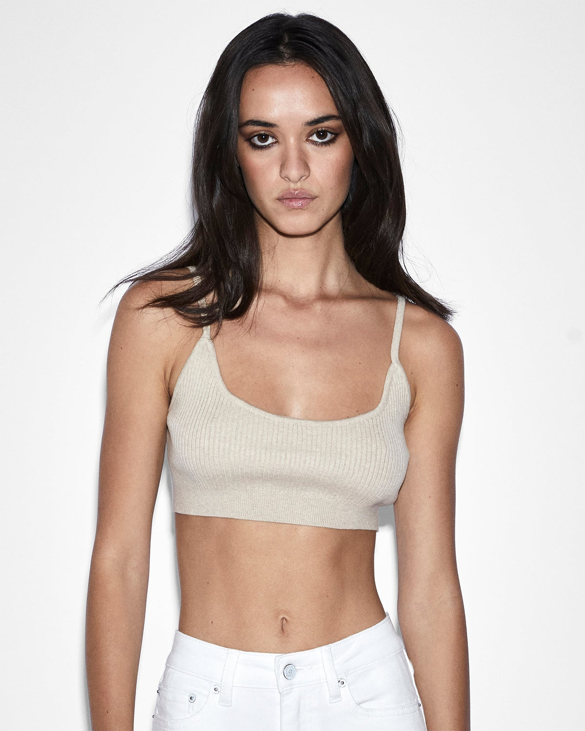 Womens Knit Bralette Oat Fitted Fashion Tops - Beige